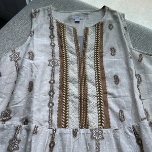 J.Jill Embroidered Cream and Brown Oatmeal Dress NWT Medium Made in India